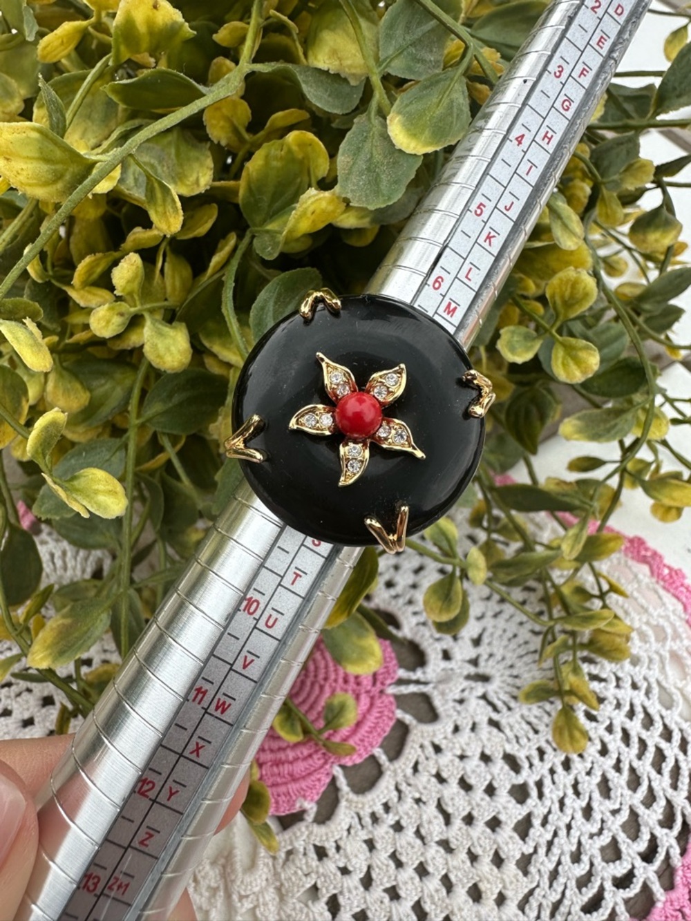 Camille Lucie Black and Red Floral Accent Ring with Gold-Tone Details